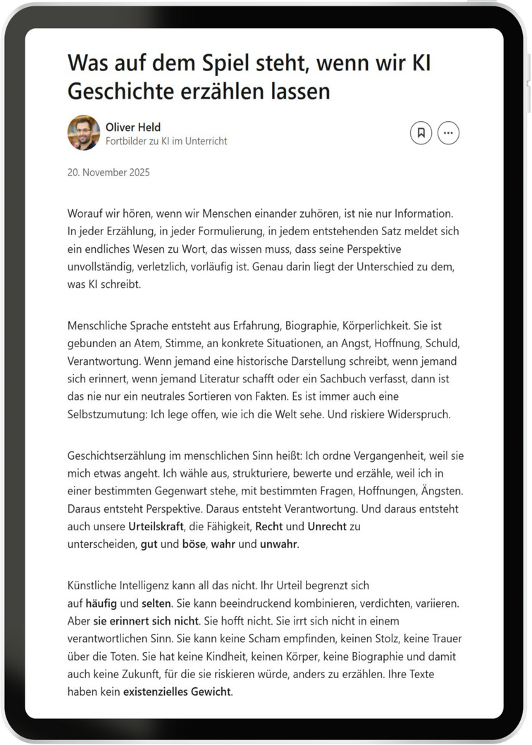Was auf dem Spiel steht, wenn wir KI Geschichte erzählen lassen (2025/11)